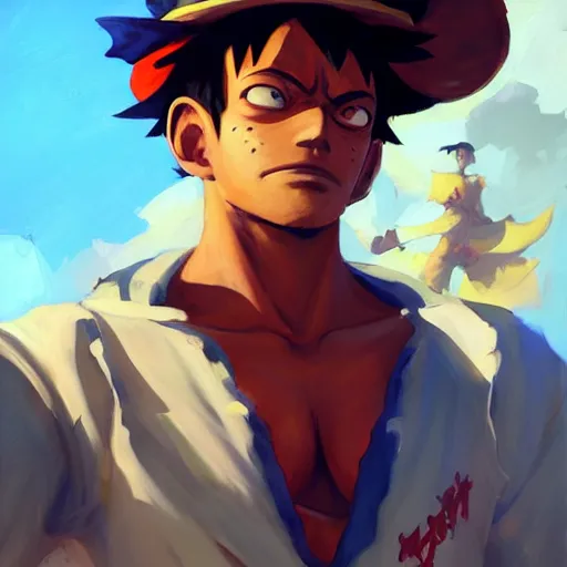 Image similar to greg manchess portrait painting of luffy as overwatch character, medium shot, asymmetrical, profile picture, organic painting, sunny day, matte painting, bold shapes, hard edges, street art, trending on artstation, by huang guangjian and gil elvgren and sachin teng