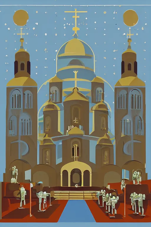Prompt: scene from wes anderson orthodox cathedral building with mecha robots icons by helen lundeberg