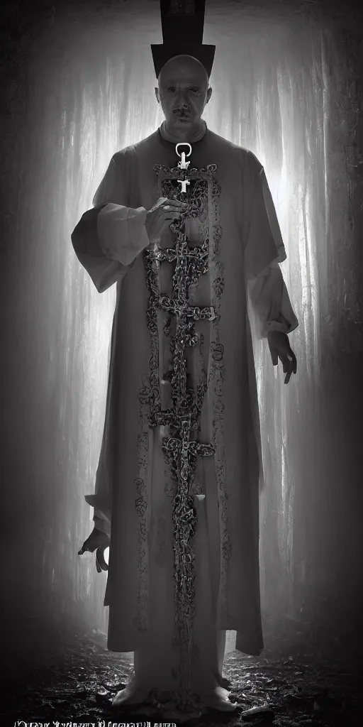 Image similar to a highly realistic and detailed full Priest standing in a dark dirty basement holding a rosary, wide angle 70mm lens, volumetric haze, front facing camera, symmetrical, photorealistic, insanely detailed and intricate, epic, hyper realistic, elegant, ornate, elite, horror, creepy, ominous, haunting, cinematic lighting, unreal engine, cinematic centered camera, high detail, no blur, unreal engine 8k