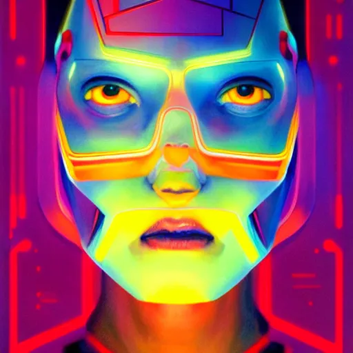 Prompt: symmetry!! a sci-fi portrait, oil painting, colourful!! illustration of Clu from Tron, colourful, by Justin Sweet and Greg Rutkowski and Alphones Much