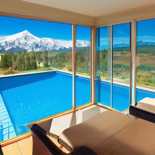 Image similar to a sunny covered lounge with a swimming pool with clean water next to a large window with a view of the mountains, photo