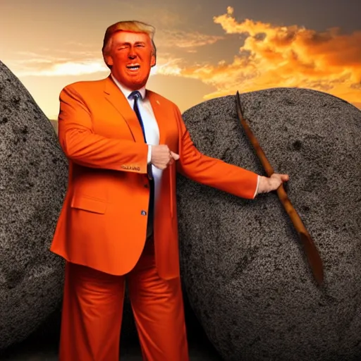 Prompt: long shot of crying Donald Trump wearing an orange prison suit and breaking rocks with a pickaxe at sunset, realistic