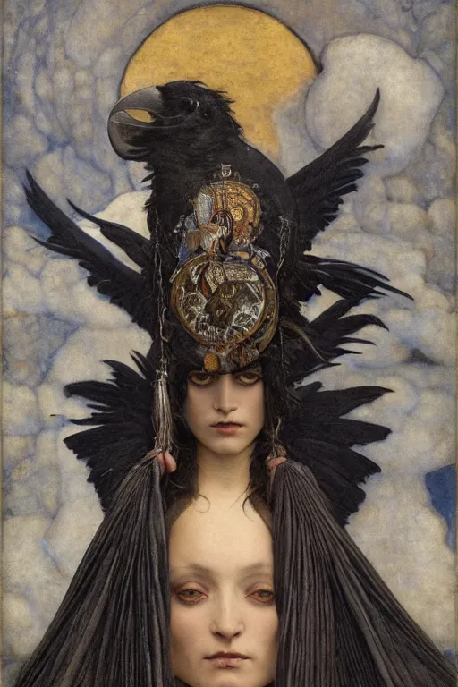 Image similar to a goth shaman with the head of a raven, by Annie Swynnerton and Nicholas Roerich and John Bauer and jean delville and John William Godward and Donato Giancola and Vermeer, black leather and embroidered velvet, iridescent beetles, rich color, dramatic cinematic lighting, featured on Artstation, extremely detailed