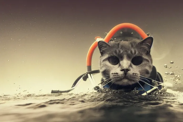 Image similar to a cat dressed as a scuba diver swimming underwater, photo-realistic low lighting, creepy, vast, shot by a camera,