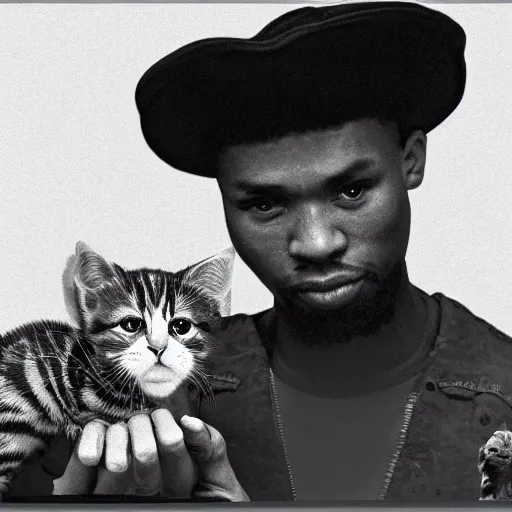 Image similar to 1 5 mm wide - angle lens photo of a rapper in 1 9 9 0 newyork holding a kitten up to the camera black and white, photorealistic, trending on art station