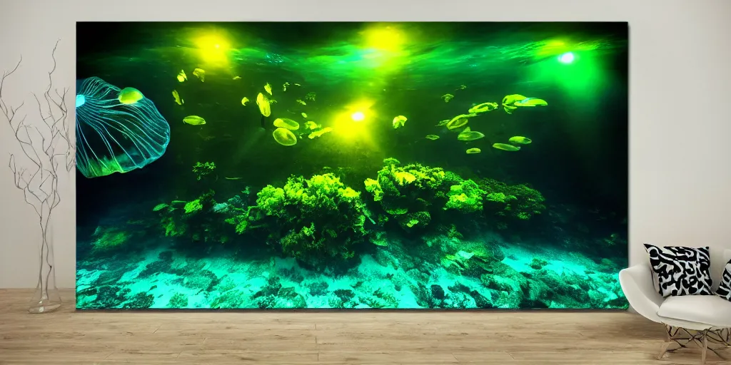 Prompt: full - length noir photorealism full hd professional photo underwater landscape with flying jellyfishes, green and yellow colors, high detailed, upper volumetric lightning, 3 5 mm
