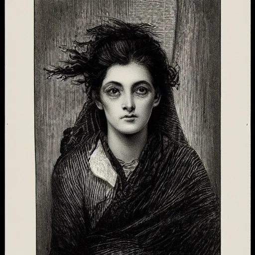 Image similar to extreme close-up, black and white, eyes of a young french woman, marie laforet as model, Gustave Dore lithography