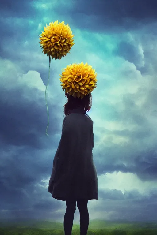 Prompt: closeup girl with giant yellow dahlia flower head, standing on mountain, surreal photography, blue storm clouds, dramatic light, impressionist painting, digital painting, artstation, simon stalenhag