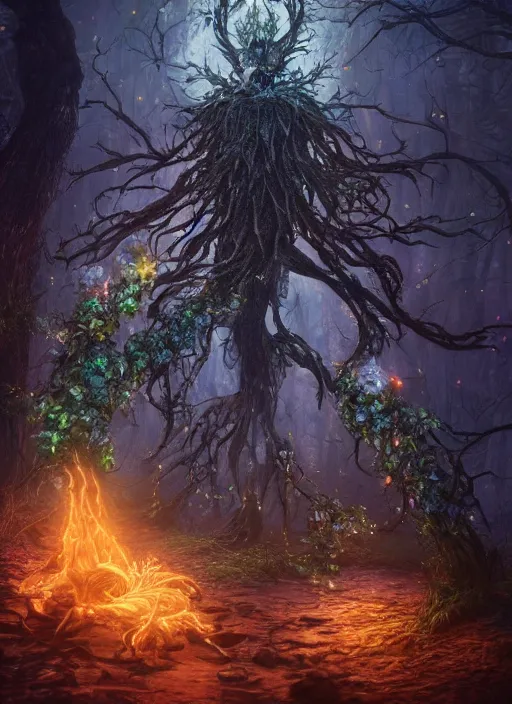 Prompt: fantastical glowing flower, magical heart of the forest, mysterious, detailed render, oil paint, dark souls, bloodborne