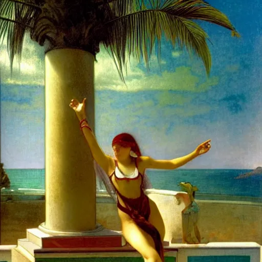 Image similar to Demonic girl at the giant column, thunderstorm, greek pool, beach and palm trees on the background major arcana sky, by paul delaroche, alphonse mucha and arnold böcklin arnold böcklin hyperrealistic 8k, very detailed