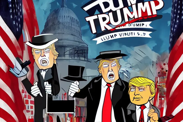 Image similar to 2 d poster illlustration donald trump and donald trump wearing trenchcoats and black spy hats, stacks of boxes everywhere and a safe broken open for the movie spy vs spy