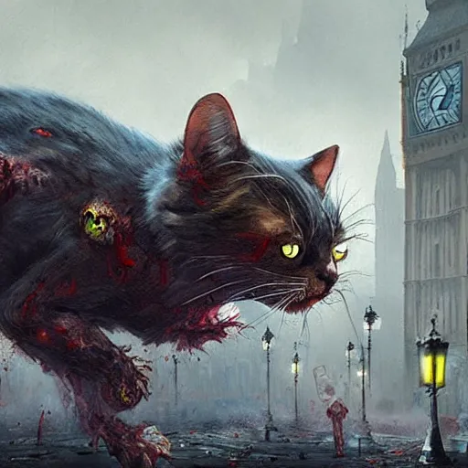 Prompt: zombie cat in london geog darrow greg rutkowski