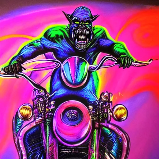 Image similar to psychedelic blacklight airbrush art of an orc riding a motorcycle, stylized, radical 90s, soft edges, smooth gradients,