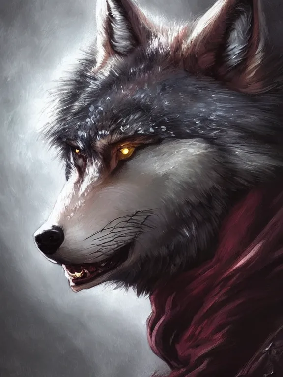 Image similar to 3/4 headshot of cute anthro wolf man, handsome, fantasy, intricate, long muzzle, wolf ears, fursona, black fur, elegant, highly detailed, digital painting, artstation, concept art, smooth, sharp focus, illustration, art by artgerm and greg rutkowski and alphonse mucha red wall in background