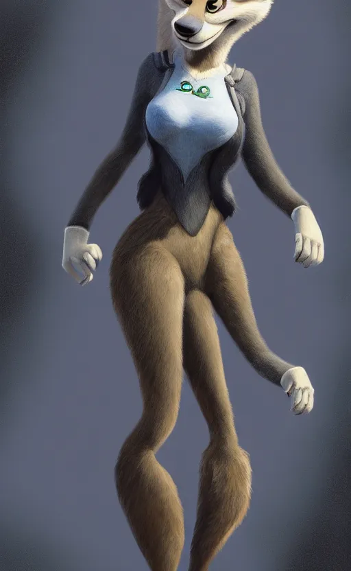 Image similar to oil painting of detailed full body of anthromorphic female wolf, in style of zootopia, zootopia, zootopia, fursona, furry, furaffinity, 4 k, deviantart, furry art, fursona art, wearing black business suit, business suit, in style of zootopia, wolf fursona, cyberpunk, female, expressive detailed feminine face,