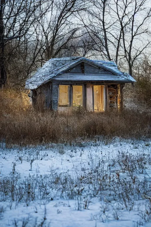 Image similar to orbs of light surround an abandoned cottage