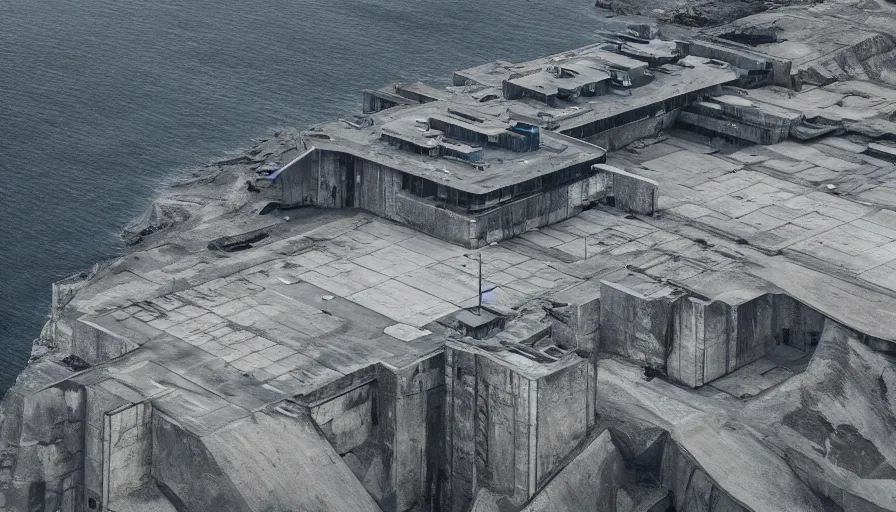 Prompt: big brutalist military base on cliffs, drawing architecture, sea, very long shot, top angle, pritzker architecture prize, science fiction, control the game, brutalism, earthbound, jan urschel