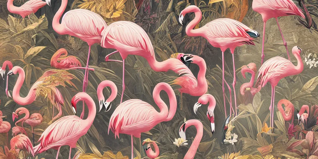 Image similar to breathtaking detailed concept art painting art deco pattern of birds, flamingos, amalmation blend of flowers and birds, by john james audubon, bizarre compositions, exquisite detail, extremely moody lighting, 8 k