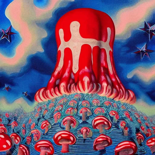 Image similar to detailed painting of a red, white and blue nuclear explosion in a city on the fourth of july in the style of m. c. escher, junji ito and beeple, patriotic, mushroom cloud, american flag, 8 k resolution, metal shaded