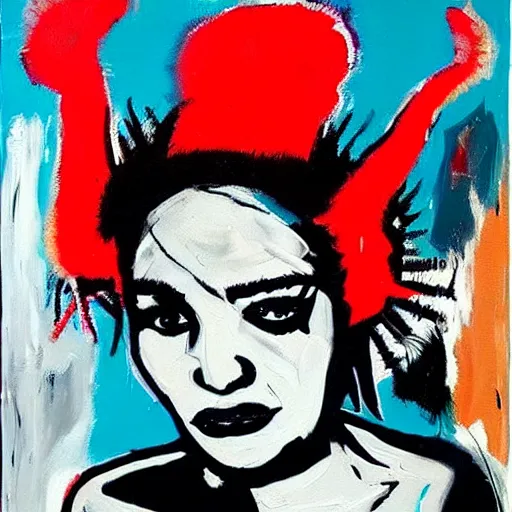 Prompt: A pretty woman with devil horns wearing a silver mini dress standing on the ocean, pitchfork, creative background, abstract jean-Michel Basquiat oil painting with thick paint strokes, oil on canvas, intricately!!! detailed!!!