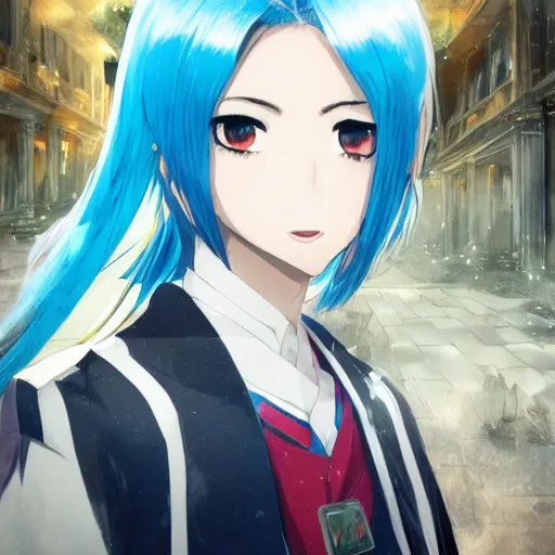 Prompt: profile shot of rimuru tempest looking forward, sky blue hair, ponytail, long bangs, gold eyes, black jacket with white stripes and a high collar, highly detailed, roman city, concept art, shutterstock, cinematic, wlop | artgerm, pixiv, ilya kuvshinov, greg rutkowski, yoshitaka amano