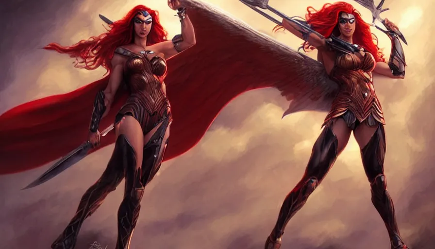 Image similar to painting of gal gadot as muscular and beautiful valkyrie with long red hair, fantasy art, full shot, atmospheric lightning, by artgerm