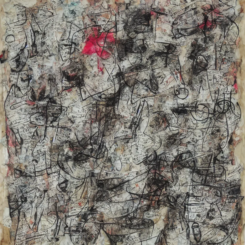 Image similar to heavyweight cotton rag paper with mixed media artwork, pencil marks, calligraphic poetry, tiny charcoal smudges, fragmented typography, asemic writing, crayon lines, illegible rosicrucian symbols, ink flourishes,
