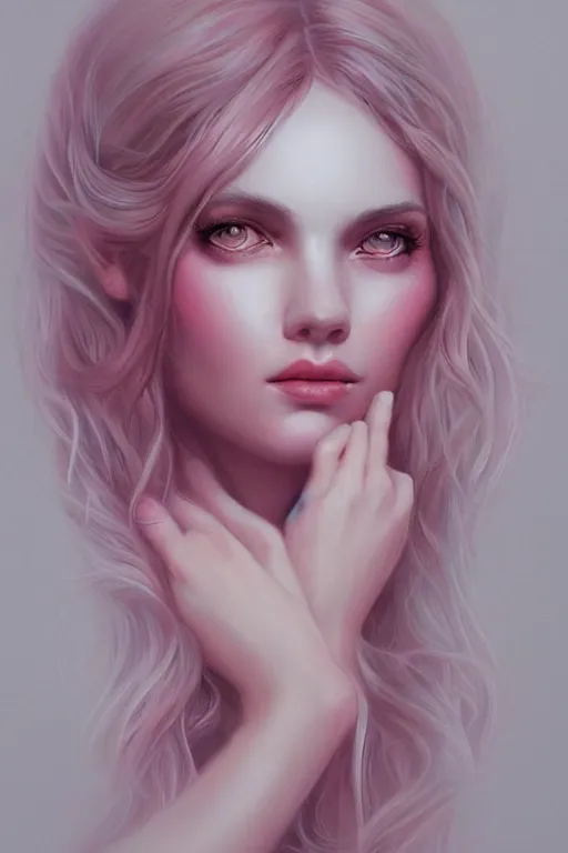 Prompt: Soft Portrait of a goddess of love, pastel pink, dark fantasy, intricate, elegant, highly detailed, photographic, full-body portrait, artstation, concept art, smooth, sharp focus, art by artgerm