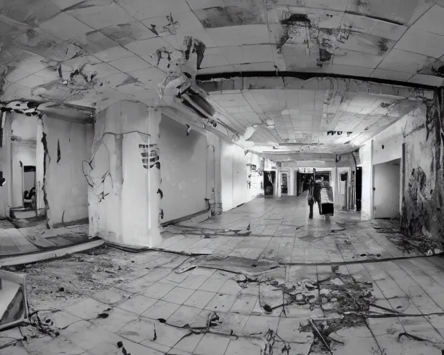 Prompt: camera footage of a extremely aggressive Giant mutated Octopus with glowing white eyes, Human Features, Teeth, in an abandoned shopping mall, Psychic Mind flayer, Terrifying, Silhouette :7 , high exposure, dark, monochrome, camera, grainy, CCTV, security camera footage, timestamp, zoomed in, Feral, fish-eye lens, Fast, Radiation Mutated, Nightmare Fuel, Wolf, Ancient Evil, Bite, Motion Blur, horrifying, lunging at camera :4 bloody dead body, blood on floors, windows and walls :5