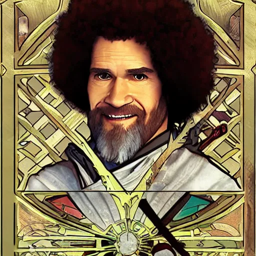 Image similar to an ultra detailed vector image of bob ross dressed as ezio auditore, concept art by alphonse mucha and greg rutkowski, praise the blood moon, octane render