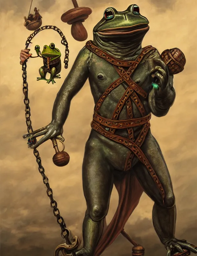 Image similar to anthropomorphic bipedal frog that is dressed as a renaissance fighter, and holding a giant flail on a chain, as a matte oil painting and d & d character art, by alex grey, standing, fullbody, floating bubbles, mystic, fog, fractals, spirals, concept art, award - winning, extremely detailed, sharp focus