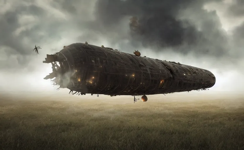 Prompt: an immense steampunk airship crashed and burning in a field, thick black smoke billowing, turbulent storm clouds, dystopian, fog, sharp focus, octane render, imax