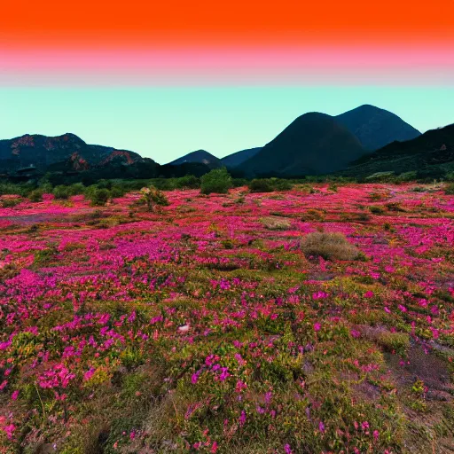 Image similar to the sky is a deep purple, with swirls of pink and orange. the ground is red and rocky, with strange plants growing in patches. there is a river of green liquid, and in the distance, you can see a mountain range.