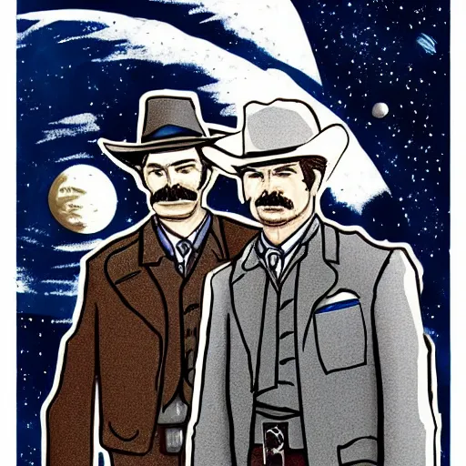 Image similar to hand drawn image of wyatt earp and doc holliday standing on the deck of a spacecraft, inspired by the movie interstellar, high detail