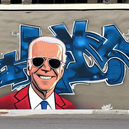Prompt: graffiti of joe biden with sunglasses and a shotgun