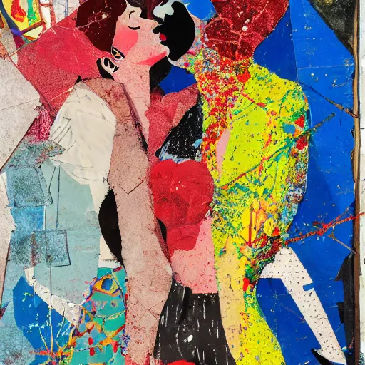 Image similar to two women kissing at a carnival in spain, mixed media collage, retro, paper collage, magazine collage, acrylic paint splatters, bauhaus, claymation, layered paper art, sapphic visual poetry expressing the utmost of desires by jackson pollock