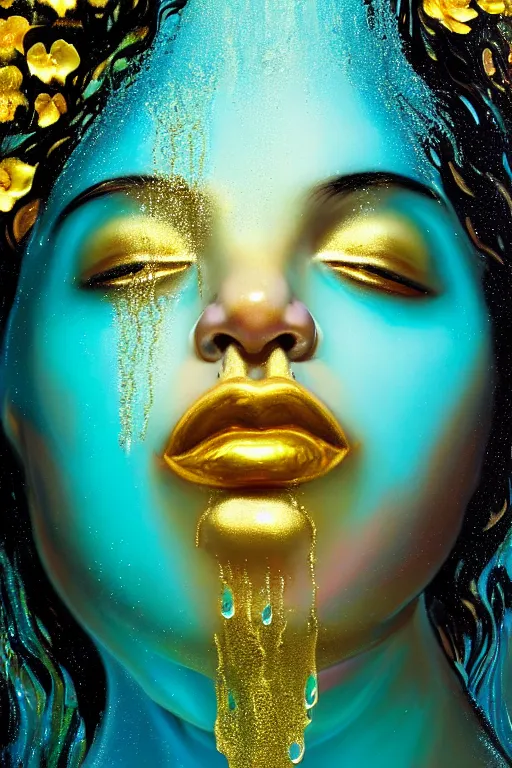 Image similar to hyperrealistic precisionist cinematic profile very expressive! oshun goddess, ophelia in water! john everett millais, mirror dripping droplet!, gold flowers, highly detailed face, digital art masterpiece, smooth eric zener cam de leon, dramatic pearlescent turquoise light on one side, low angle uhd 8 k, shallow depth of field