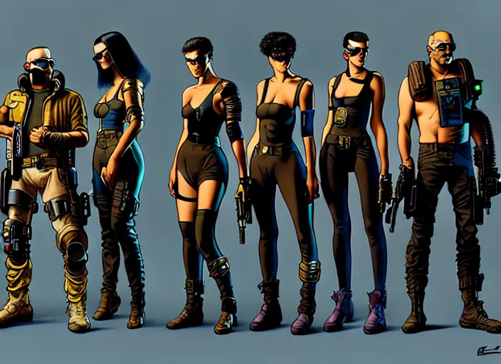 Image similar to cyberpunk mercenary team. portrait by stonehouse and mœbius and will eisner and gil elvgren and pixar. character design. realistic proportions. cyberpunk 2 0 7 7 character art, blade runner 2 0 4 9 concept art. cel shading. attractive face. thick lines. the team. diverse characters. artstationhq.