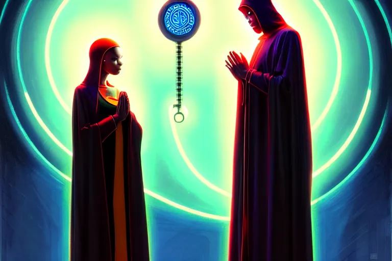 Image similar to patron saint 👩🏾 praying with machine, futuristic long robes clothing, worm hole, neon god of city character portrait, in the style of moebius, wlop, tom bagshaw, and waterhouse, cinematic lighting, beautiful, elegant, oil painting,