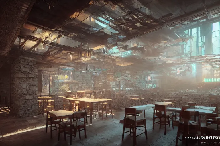 Image similar to ultra mega super hyper realistic Digital concept interior design of cyberpunk tavern with stone walls and neon lights many details by Hiromasa Ogura. Natural white sunlight from the transperient roof. Rendered in VRAY and DaVinci Resolve and MAXWELL and LUMION 3D, Volumetric natural light