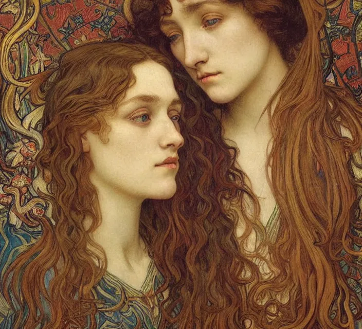Image similar to detailed realistic beautiful young medieval queen face portrait by jean delville, alphonse mucha, vincent van gogh, and marco mazzoni, art nouveau, symbolist, visionary, gothic, pre - raphaelite