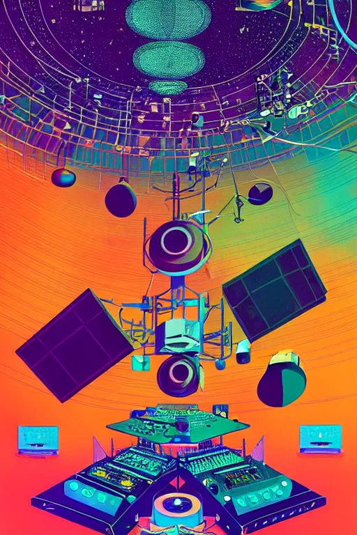 Prompt: giant speaker system and music recording studio inside the international space station filled to the brim with electronic equipment and modular synthesizers, poster art by victo ngai, ori toor, kilian eng behance contest winner, crystal cubism, poster art, cubism, tarot card, psychedelic art, concert poster, poster art, maximalist
