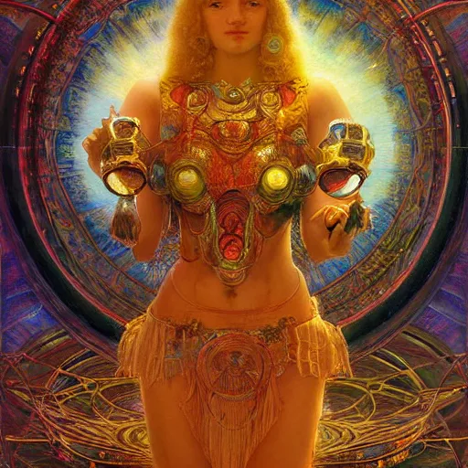 Image similar to highly detailed portrait of a psychedelic dmt mecha, painting by gaston bussiere, craig mullins, j. c. leyendecker, lights, art by ernst haeckel, john william godward, hammershøi, alex grey