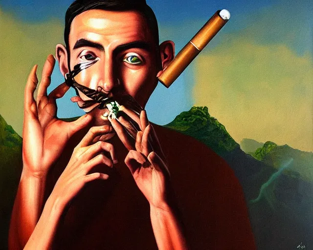 Image similar to a surreal painting of man smoking a joint