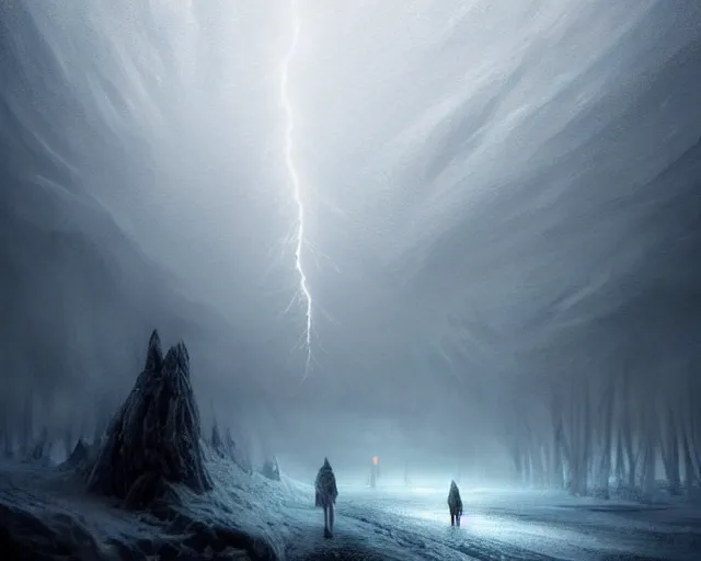 Prompt: in the north niflheim formed and it became such a dark and cold place that there was nothing else than ice and frost and fog, norse mythology, beautiful digital painting in the style of wlop, volumetric lightning, intricate details, ultra realistic, by art germ, by gerald brom, fantasypunk, deep colors, trending cgsociety, artstation, sharp