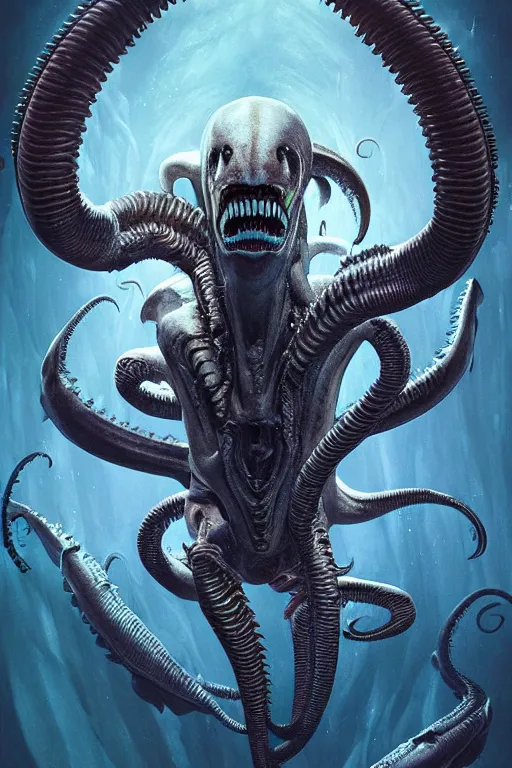 Image similar to underwater xenomorph alien mixed with sharks extra teeth, tentacles, labyrinth, highly detailed, digital painting, artstation, concept art, smooth, sharp focus, illustration, unreal engine 5, 8 k, art by artgerm and greg rutkowski and alphonse mucha and ifbb pro fitness photograph, giger