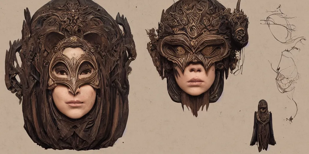 Image similar to goddess of fear, wooden mask, mirror mask, character design, character sheet, Moebius, Greg Rutkowski, Zabrocki, Karlkka, Jayison Devadas, Phuoc Quan, trending on Artstation, 8K, ultra wide angle, zenith view, pincushion lens effect