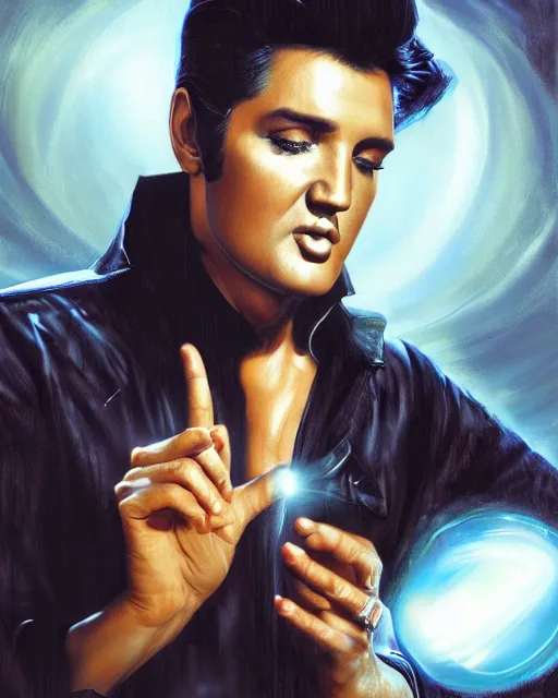 Image similar to a powerful energy elvis presley, by alexander fedosav, hyper detailed digital matte painting, concept art, hyperrealism, 1 6 k resolution, cinema 4 d, 8 k resolution, trending on artstation, behance hd, a masterpiece, by stephan martiniere, particles, power bright spotlight energy neon, by david a. hardy,