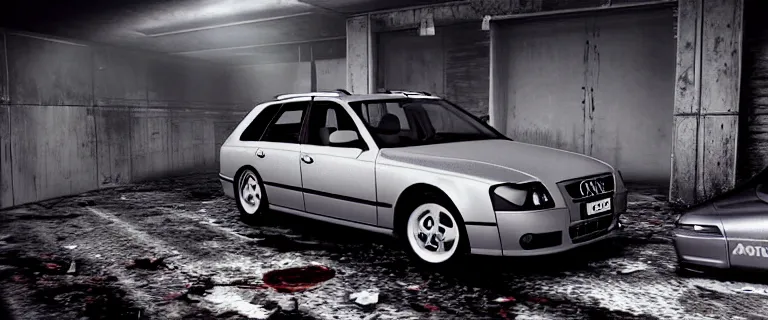 Image similar to Audi A4 B6 Avant (2002), a gritty neo-noir, dramatic lighting, cinematic, eerie person, death, homicide, homicide in the snow, viscera splattered, gunshots, bullet holes, establishing shot, extremely high detail, photorealistic, raging fire at a warehouse, arson, cinematic lighting, artstation, by simon stalenhag, Max Payne (PC) (2001) winter New York at night, In the style of Max Payne 1 graphic novel, flashing lights, Poets of the Fall - Late Goodbye