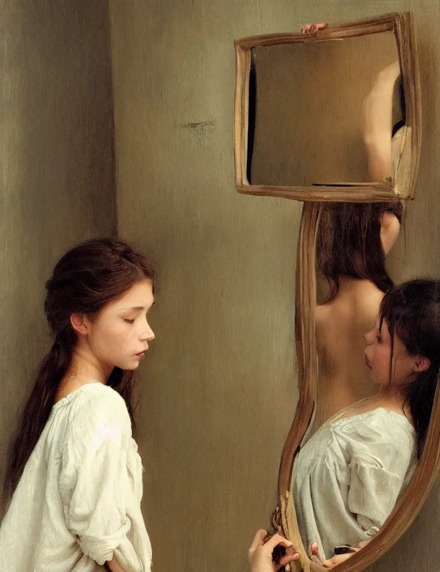 Image similar to peasant girl brushing her hair in front of a mirror, portray, Cinematic focus, Polaroid photo, vintage, neutral colors, soft lights, foggy, by Steve Hanks, by Serov Valentin, by lisa yuskavage, by Andrei Tarkovsky 8k render, detailed, oil on canvas